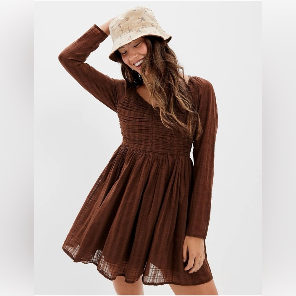 AE Ruched Long-Sleeve Mini Dress in Brown - S - Picture 3 of 16